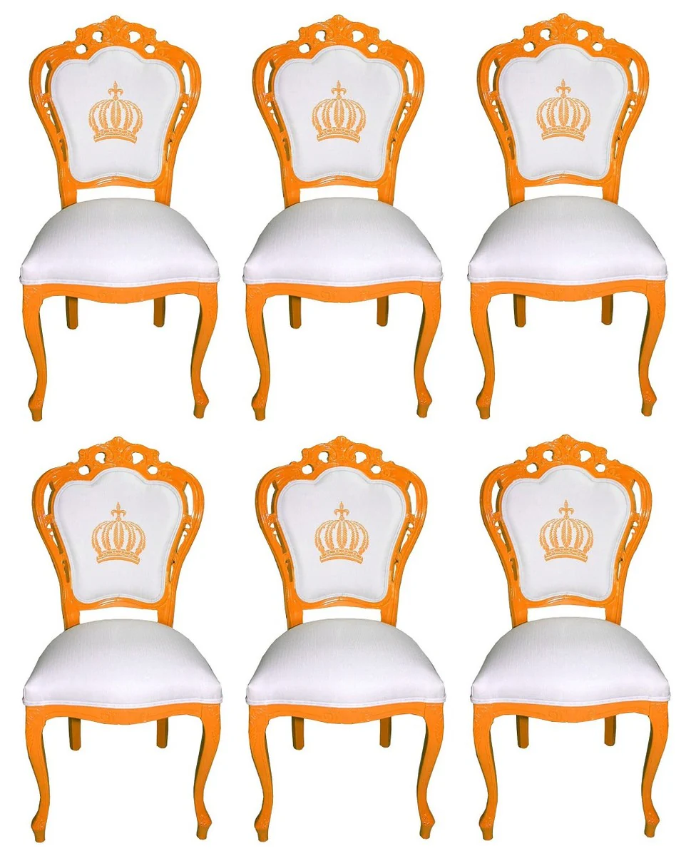 Pomp??s by Casa Padrino Sillas de Comedor Barroco de Lujo Blanco / Naranja - Sillas de Estilo Barroco de Pomp??s Dise?adas por Harald Gl??ckler - 6 Sillas de Comedor - Muebles de Comedor Barrocos