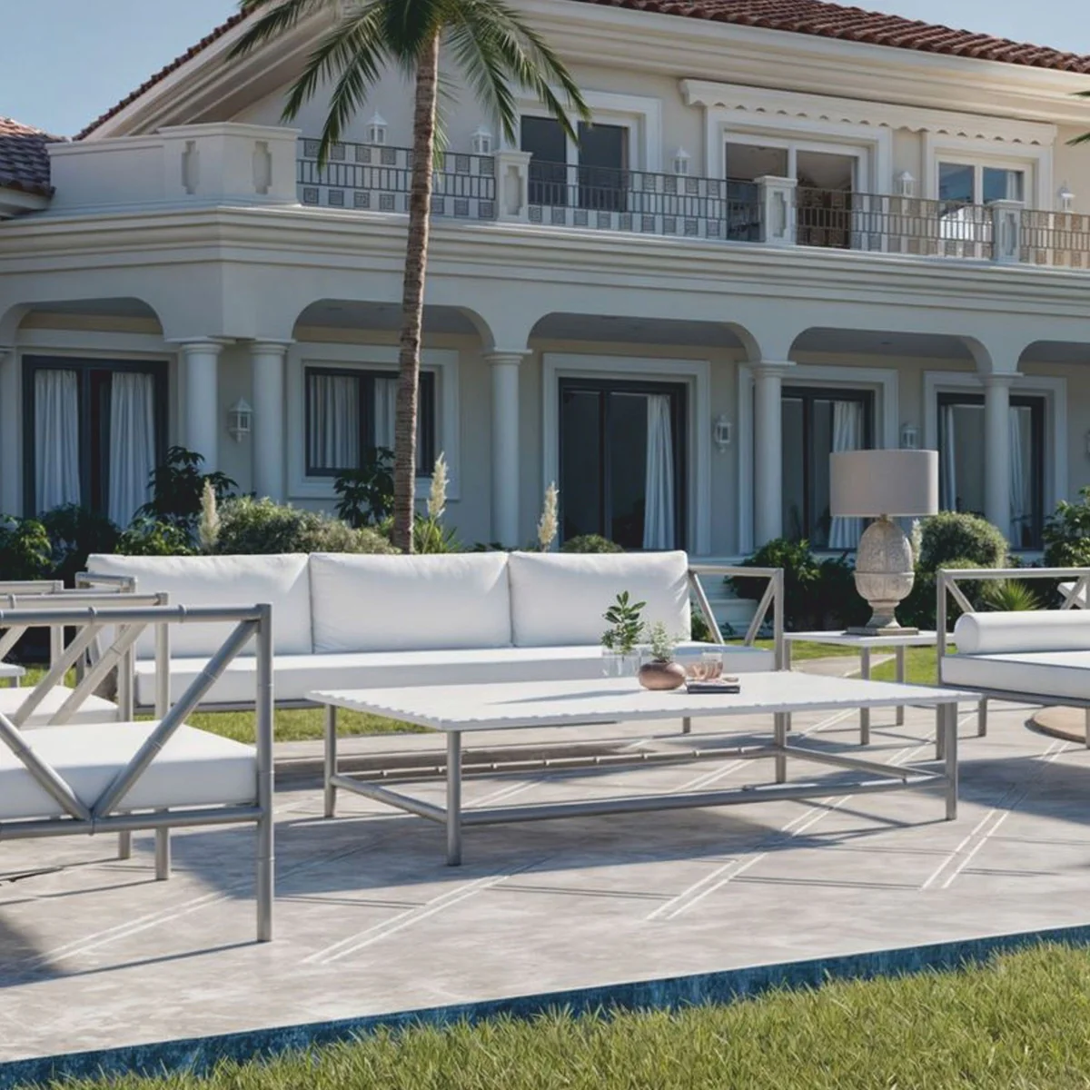 Casa Padrino sof¨¢ de lujo de hierro forjado gris / blanco 280 cm - Sof¨¢ para hotel y jard¨ªn