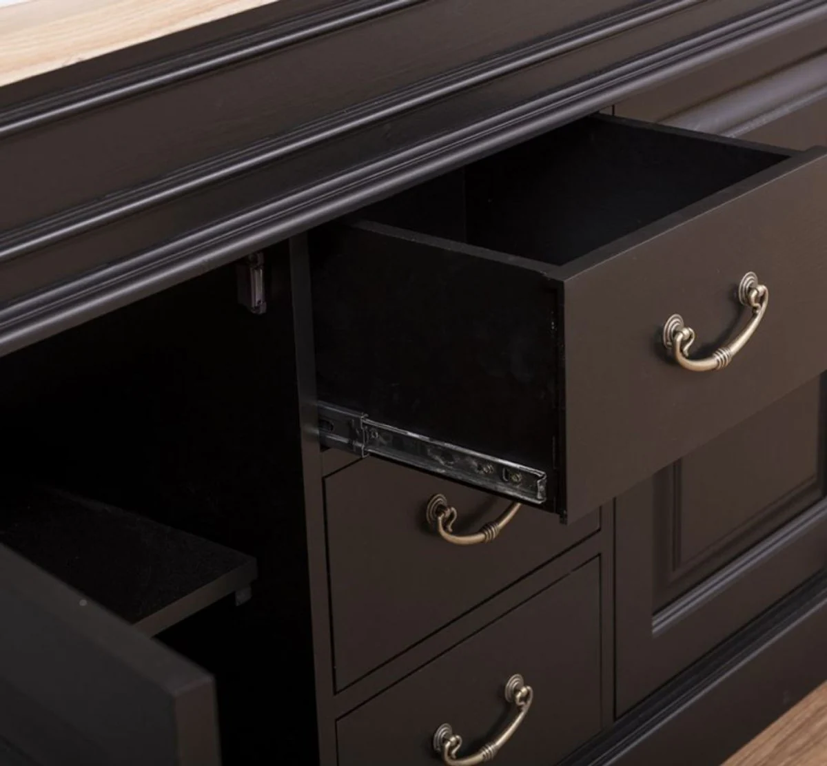 Casa Padrino Conjunto de Baño de Estilo Campestre Negro / Natural - 1 Gabinete del Fregadero Doble y 1 Espejo de Pared - Muebles de Baño de Madera Maciza en Estilo Campestre