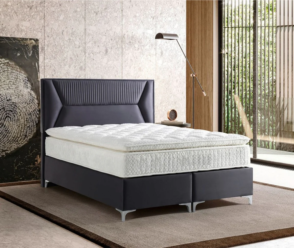 Casa Padrino cama doble de lujo púrpura / plata - Varios Tamaños - Cama de madera maciza con cabecero y colchón - Muebles de dormitorio - Muebles para hoteles - Muebles de lujo