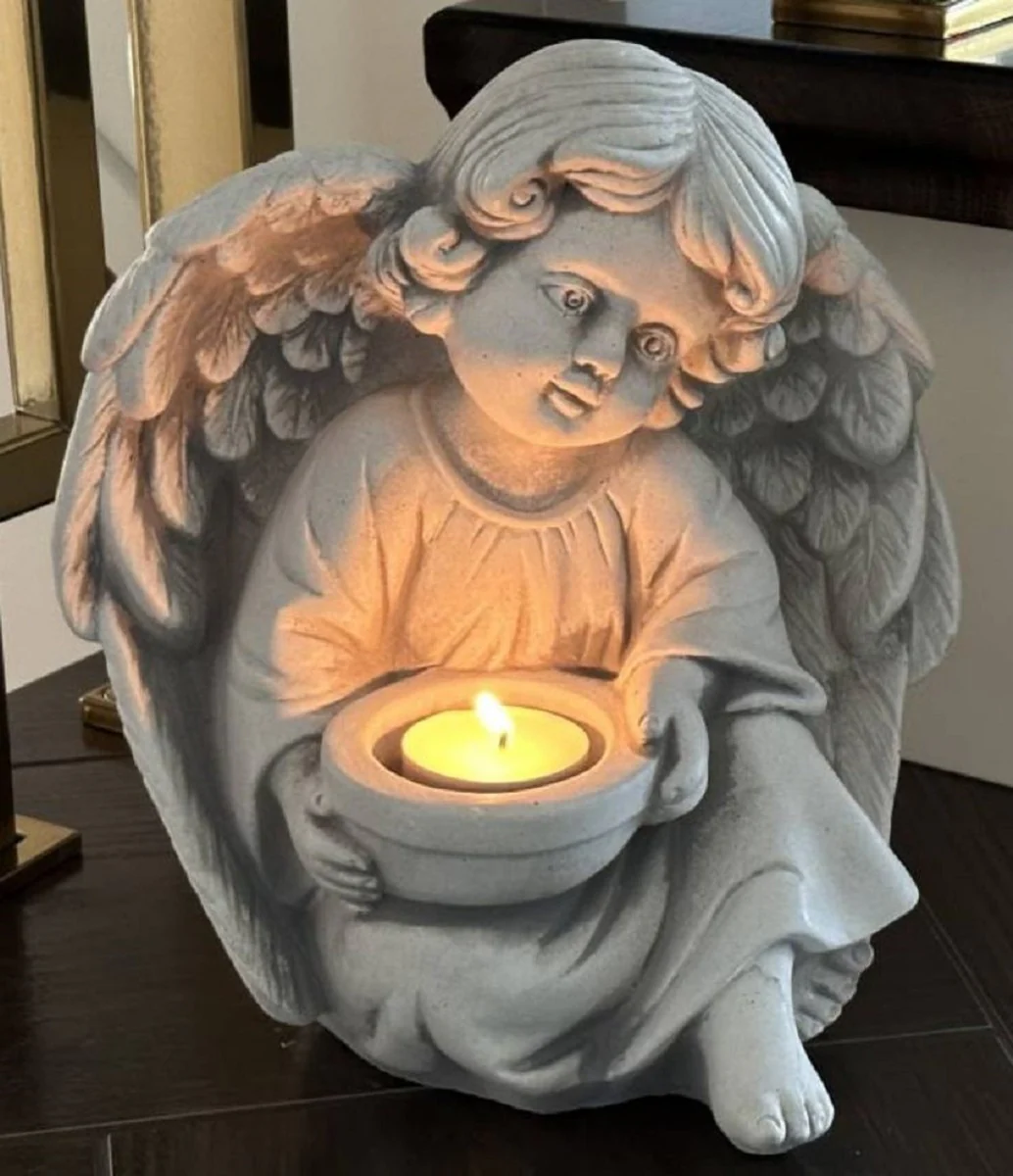 Casa Padrino escultura decorativa Art Nouveau ¨¢ngel con portavela gris 14 x 8 x A. 22 cm - Elegante figura decorativa de piedra - Decoraci¨®n de sal¨®n - Decoraci¨®n de jard¨ªn