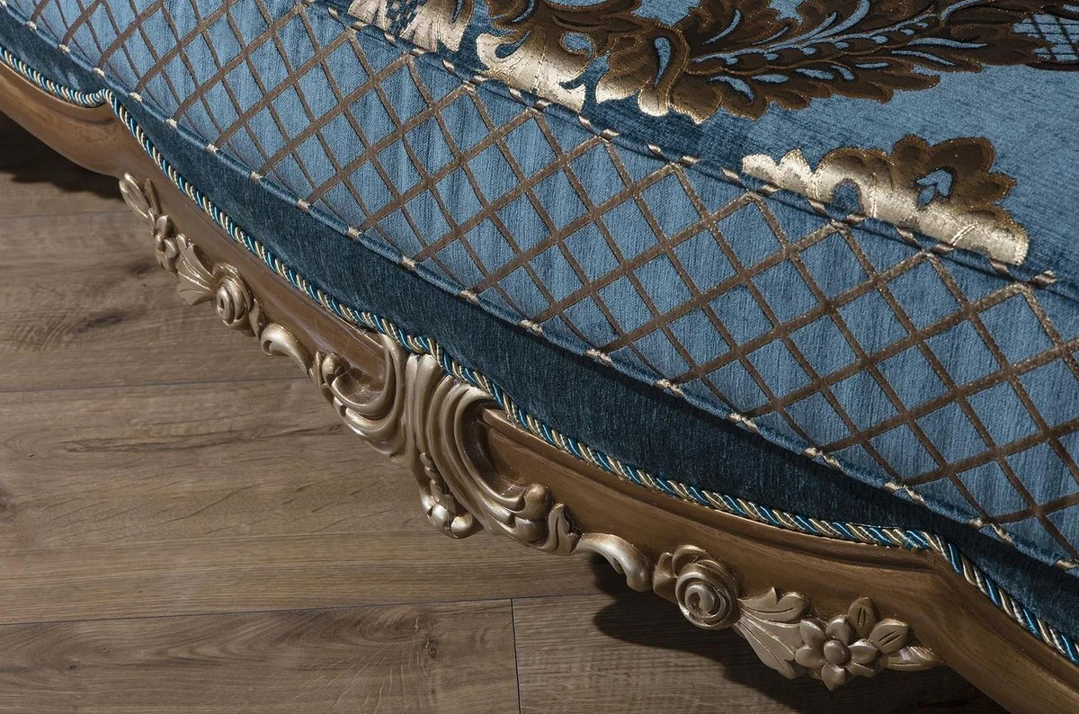 Casa Padrino sof¨¢ barroco de lujo azul / oro 260 x 90 x A. 125 cm - Magn¨ªfico sof¨¢ de sal¨®n con patr¨®n elegante y cojines decorativos - Muebles Barrocos