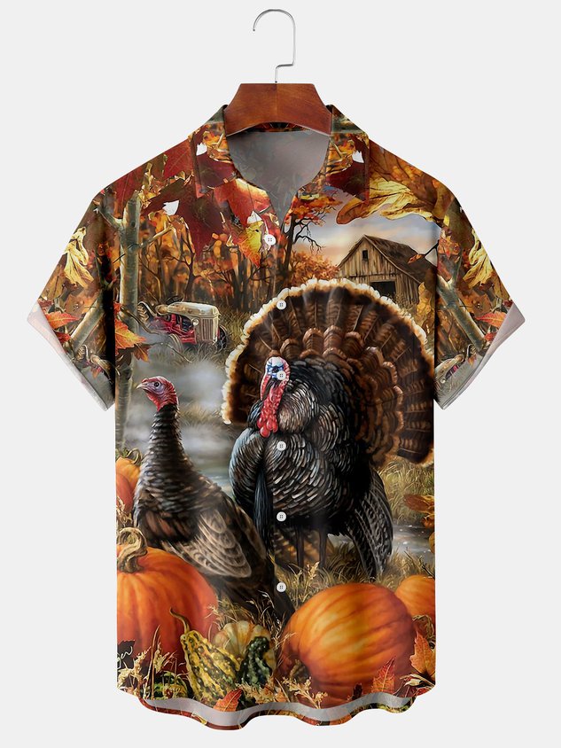 Men's Thanksgiving Turkey Print Casual Short Sleeve Hawaiian Shirt with Breast Pocket
