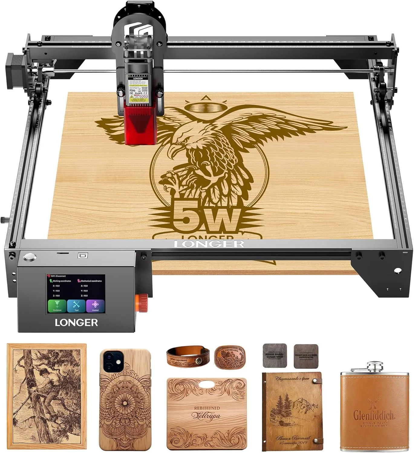 Longer RAY5 Laser Graviermaschine, 5W Laser-Ausgangsleistung, 3,5“ Farb-Touchscreen, Offline-Steuerung über App, Gravurwerkzeug für Metall/Glas/Holz, Arbeitsbereich 400x400mm