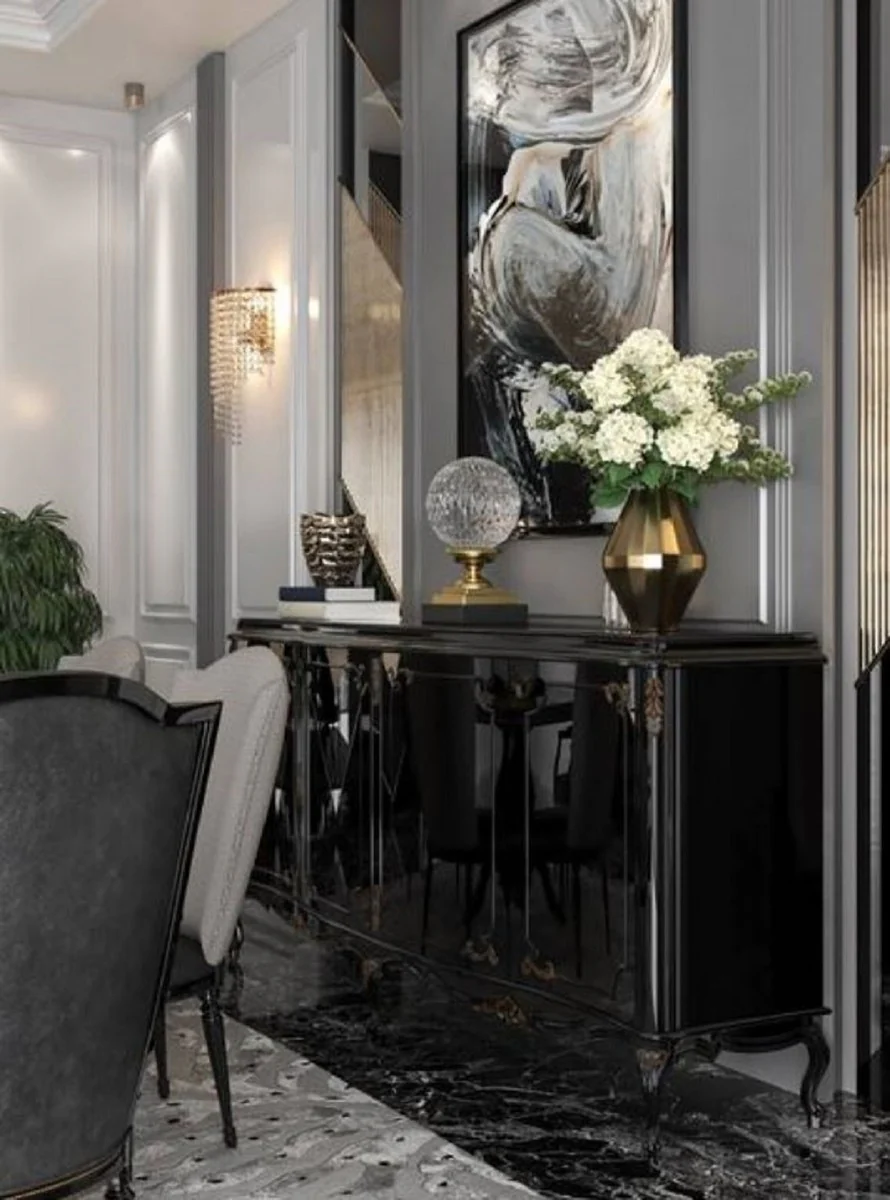 Casa Padrino aparador barroco de lujo negro / oro antiguo 226 x 57 x A. 103 cm - Mueble de salón noble con 4 puertas y tapa de vidrio - Muebles de salón de alta calidad en estilo barroco