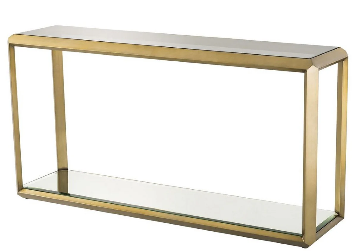 Casa Padrino consola de lujo lat¨®n / negro 150 x 40 x H. 78 cm - Mesa Consola de Acero Inoxidable con Tapa de Cristal y Espejo de Cristal - Muebles de Sal¨®n de Lujo