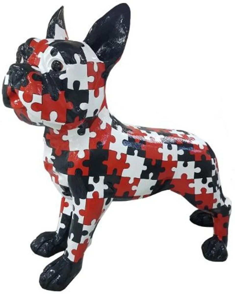 Casa Padrino figura de decoración de diseño perro bulldog con diseño de rompecabezas negro / blanco / rojo 190 x A. 178 cm - Figura decorativa enorme - Escultura de decoración de jardín