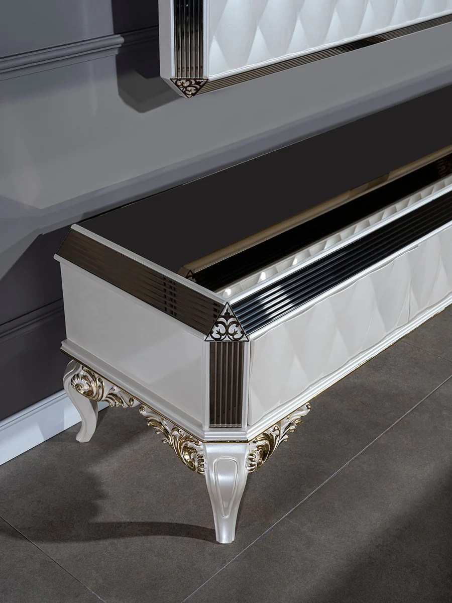 Casa Padrino gabinete de TV barroco de lujo blanco / oro / negro 235 x 52 x A. 54 cm - Aparador de madera maciza noble con pared de TV - Gabinete de sala de estar - Muebles de salón en estilo barroco