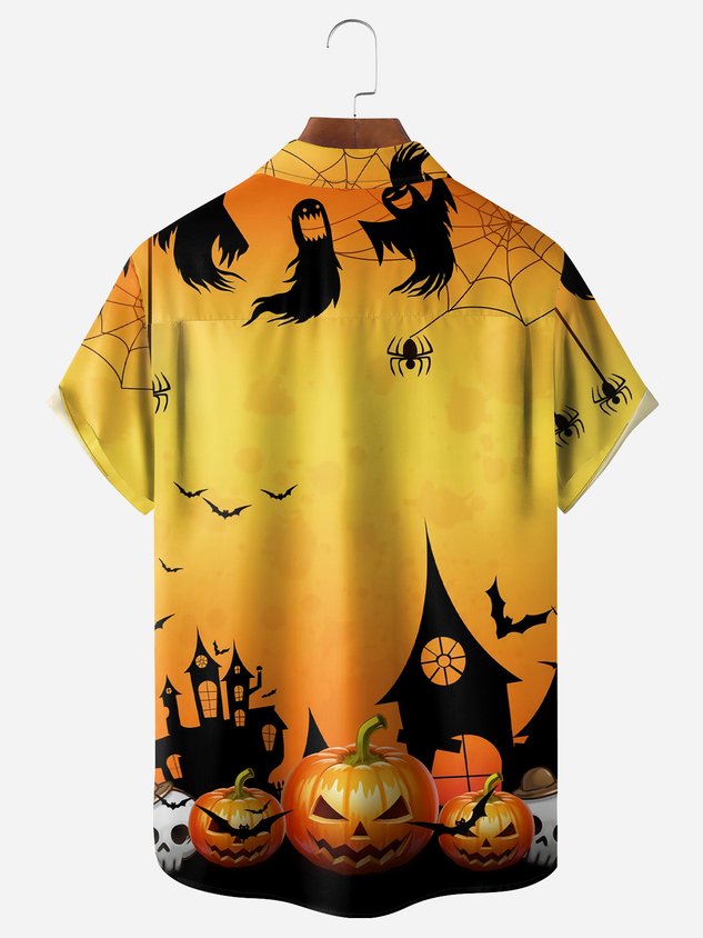 Halloween Bigfoot Chest Pocket Short Sleeve Casual Shirt