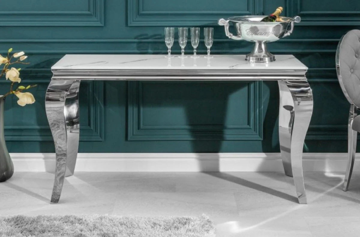 Casa Padrino consola de dise?o blanco / gris / plata 145 x 50 x A. 75 cm - Mesa consola rectangular de acero inoxidable con vidrio de seguridad impreso digitalmente en aspecto m¨¢rmol - Muebles barrocos modernos