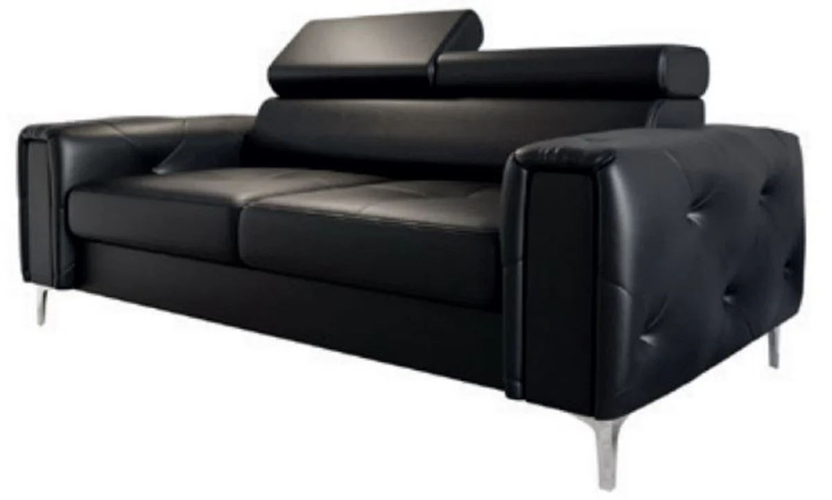 Casa Padrino Sof¨¢ de Cuero de Lujo Negro / Plata 185 x 97 x A. 78-99 cm - Sof¨¢ de Sal¨®n de Cuero Natural con Reposacabezas Regulables - Muebles de Sal¨®n - Muebles de Cuero - Muebles de Lujo