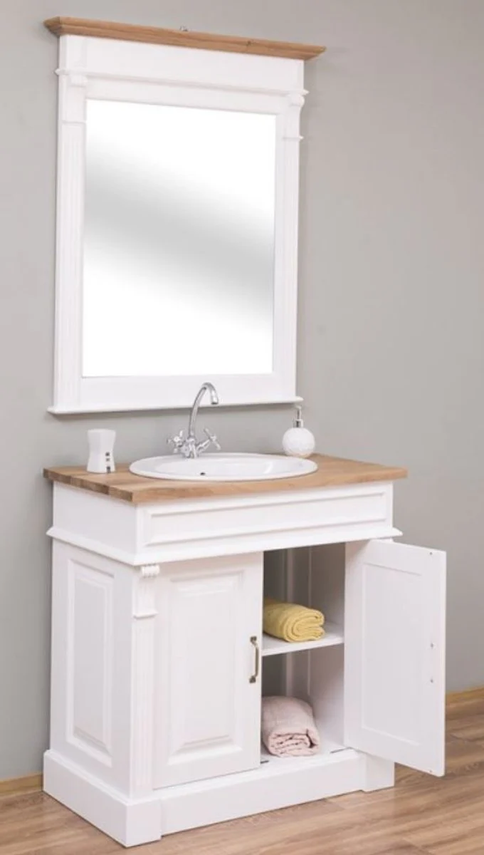 Casa Padrino Conjunto de Baño de Estilo Campestre Blanco / Natural - 1 Gabinete del Fregadero y 1 Espejo de Pared - Muebles de Baño de Madera Maciza en Estilo Campestre