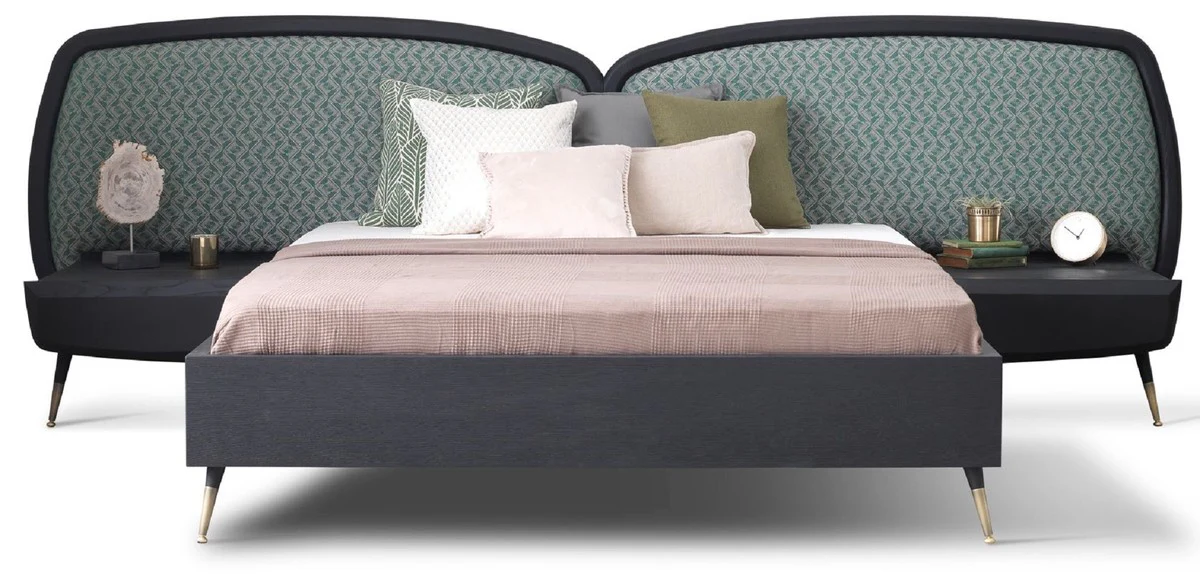 Casa Padrino conjunto de dormitorio de lujo verde / negro / lat¨®n antiguo - 1 Cama Matrimonial con Cabecero y 2 Mesitas de Noche - Muebles de dormitorio de lujo - Interiores de dormitorio de lujo