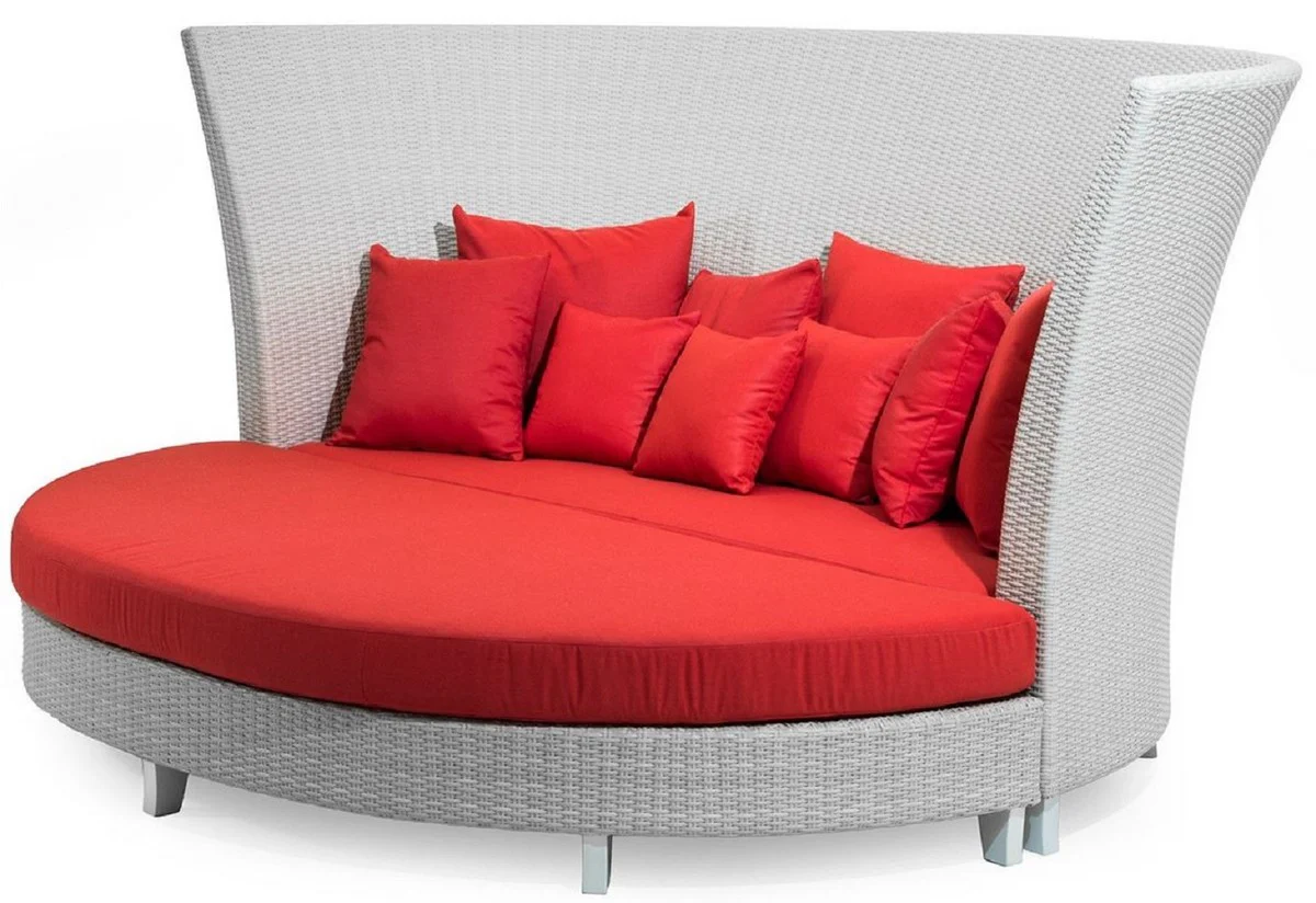 Casa Padrino sofá de jardín de lujo con taburete semicircular blanco / rojo 277 x 243 x A. 133 cm - Sofá impermeable con respaldo alto - Isla tumbona con cojines - Muebles de jardín de hotel modernos