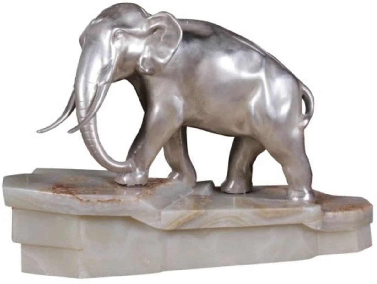 Casa Padrino figura elefante bronce de lujo sobre base de mármol plata / blanco 44 x 19 x H. 30 cm - Calidad de Lujo