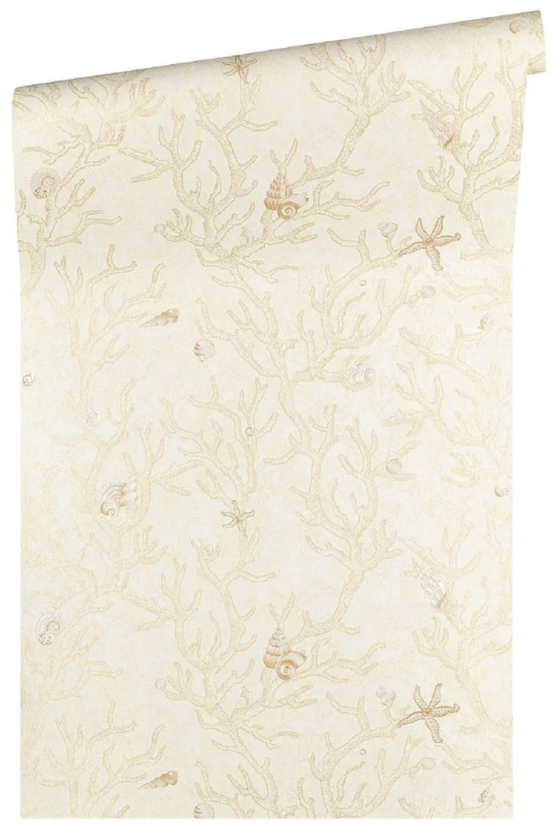 Papel pintado no tejido barroco diseñador Versace Les Etoiles de la Mer 344961 Crema / Beige Metalizado - Design Papel Pintado - Papel Pintado de Lujo