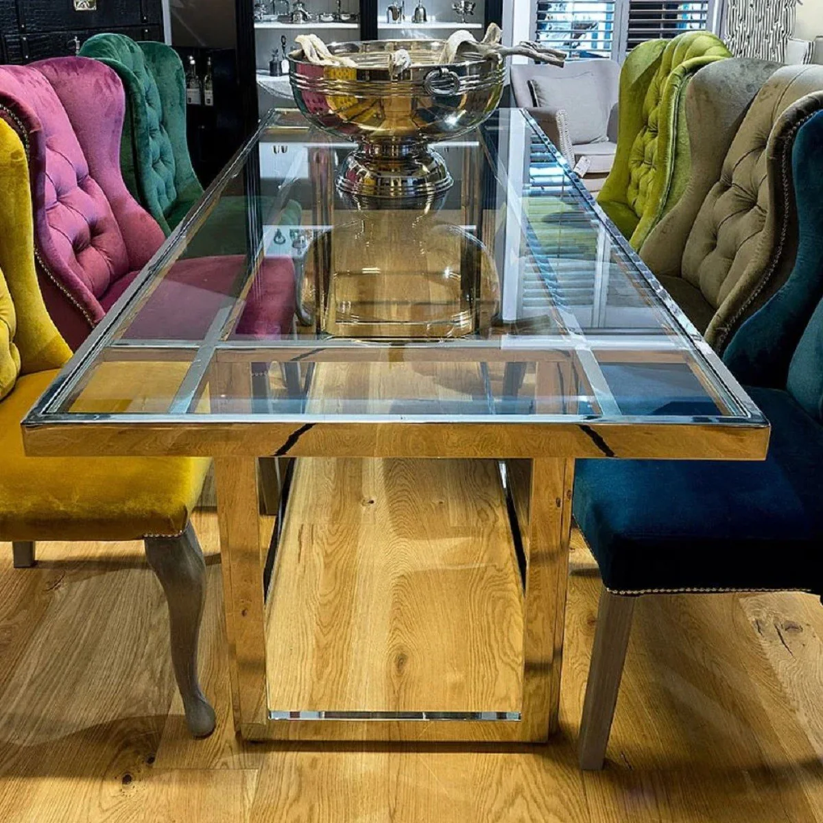 Casa Padrino mesa de comedor de lujo plata 220 x 90 x A. 77 cm - Mesa de comedor rectangular de metal con tapa de vidrio - Muebles de comedor - Muebles de lujo