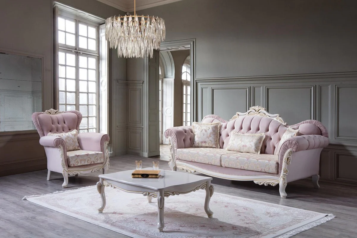 Casa Padrino sof¨¢ barroco de lujo con cojines decorativos rosa / plata / blanco / oro 243 x 90 x A. 110 cm - Muebles de sal¨®n de estilo barroco