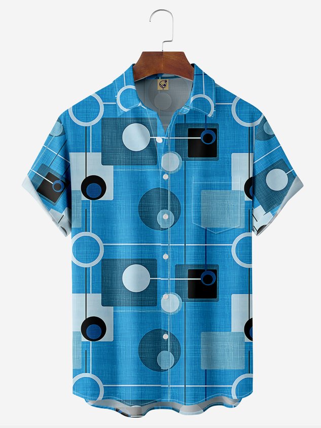 Geometric Line Pattern Chest Pocket Short Sleeve Casual Shirt