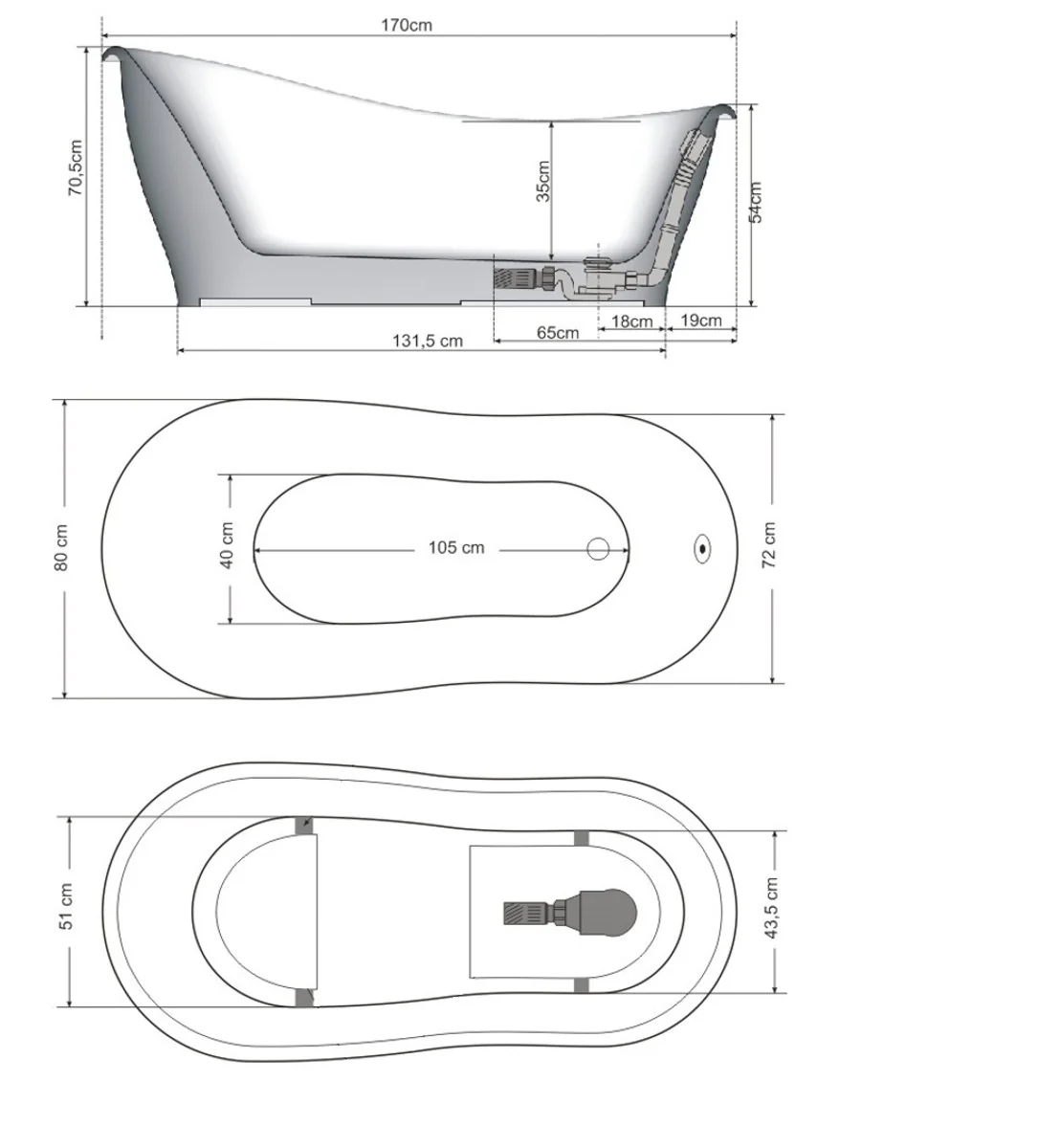 Casa Padrino Bañera Art Nouveau de Lujo Blanco 170 x 80 x H. 70,5 cm - Independiente Bañera Antigua Retro - Muebles de Baño