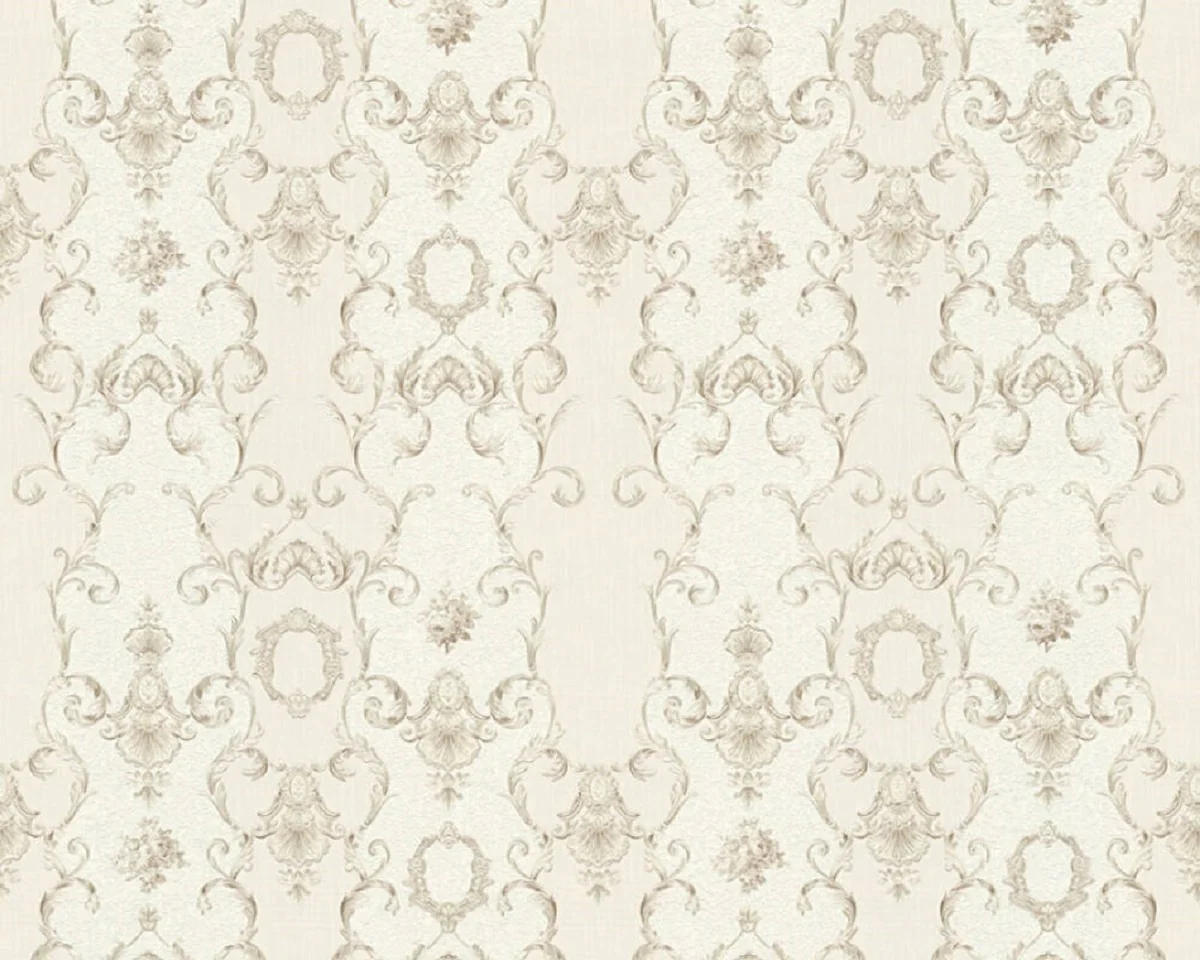 Casa Padrino papel pintado barroco no tejido crema / gris - Papel pintado para salón de estilo barroco con patrón elegante - Accesorios de decoración barroco