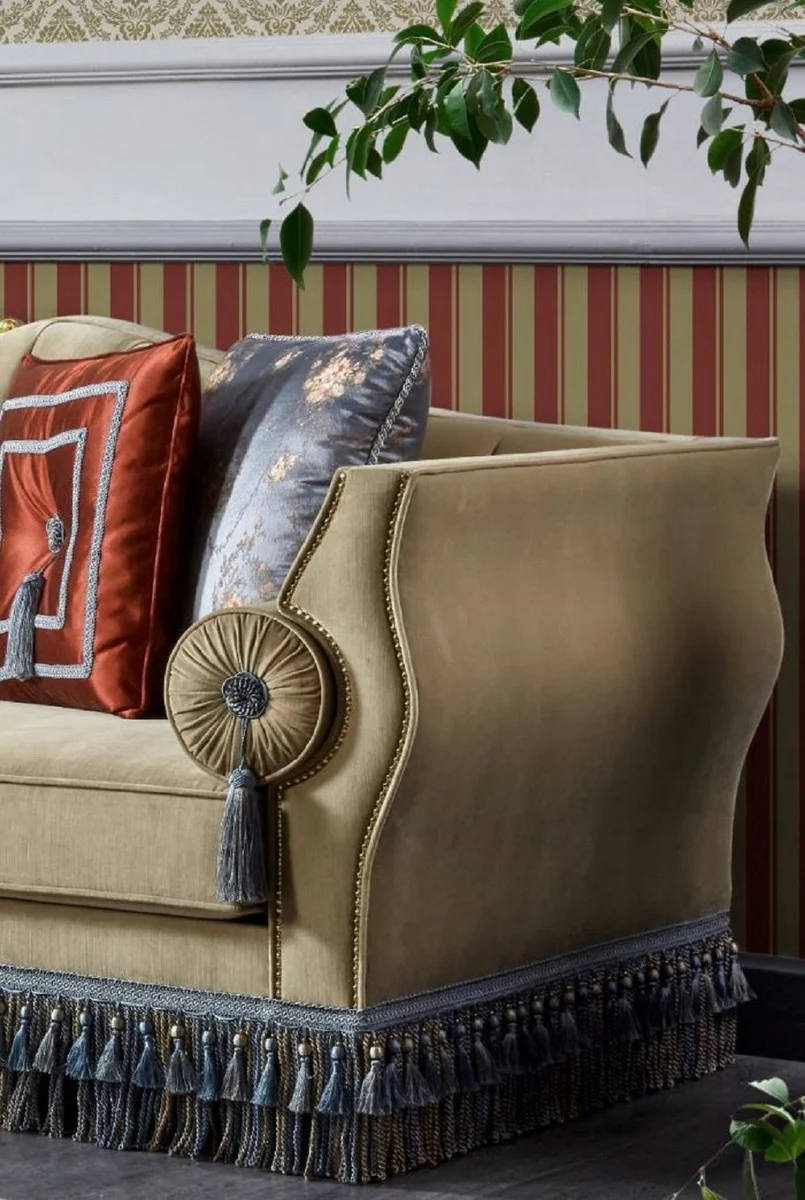 Casa Padrino conjunto de sala de estar barroco de lujo beige / azul / marr¨®n oscuro / oro - 2 Sof¨¢s y 2 Sillones y 1 Mesa de Centro y 2 Mesas Auxiliares - Muebles de sal¨®n hechos a mano barroco