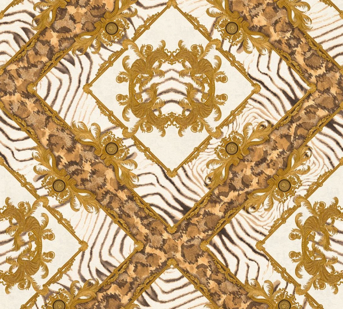 Papel pintado no tejido barroco diseñador Versace Vasmare 349043 crema / beige / marrón / oro - Alta Calidad - Accesorios Decorativos