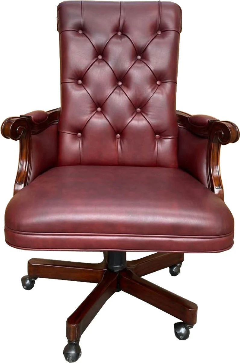 Casa Padrino silla de oficina de cuero Chesterfield de lujo rojo burdeos / marr¨®n oscuro 71 x 76 x A. 114 cm - Silla de escritorio de cuero genuino - Muebles Chesterfield - Muebles de lujo