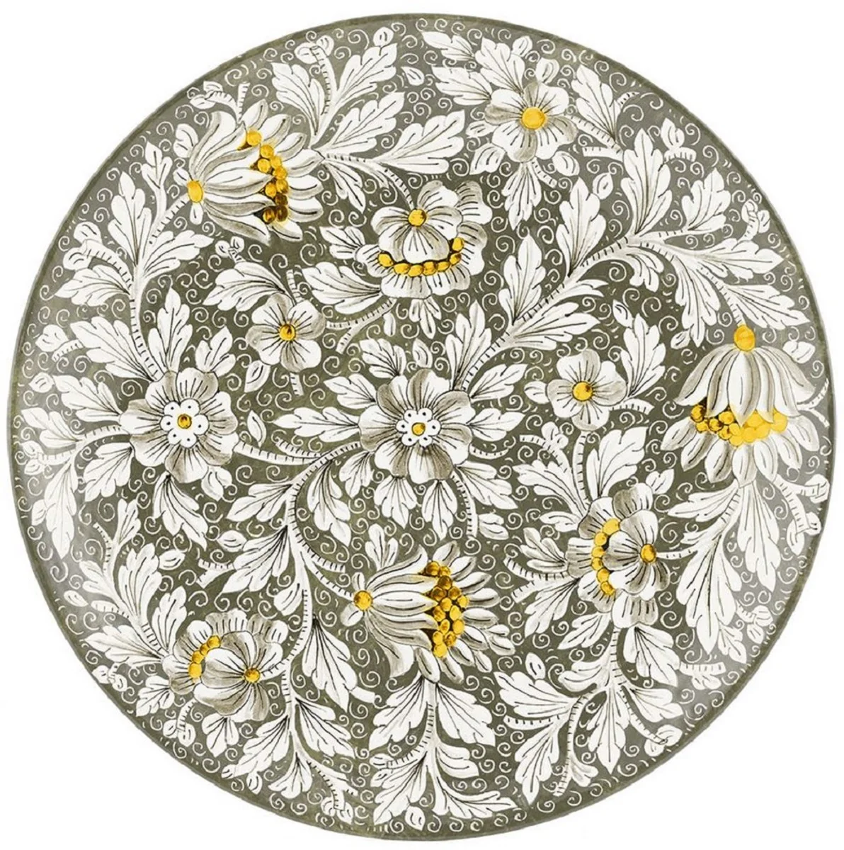 Casa Padrino conjunto de 6 platos de cerámica de lujo verde oliva / multicolor Ø 40 cm - Platos llanos hechos y pintados a mano con diseño floral - Accesorios hoteles y restaurantes - Hecho en Italia