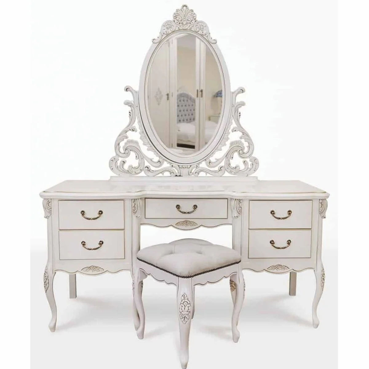 Casa Padrino conjunto de tocador de dormitorio barroco de lujo blanco / gris claro - Muebles de dormitorio barrocos