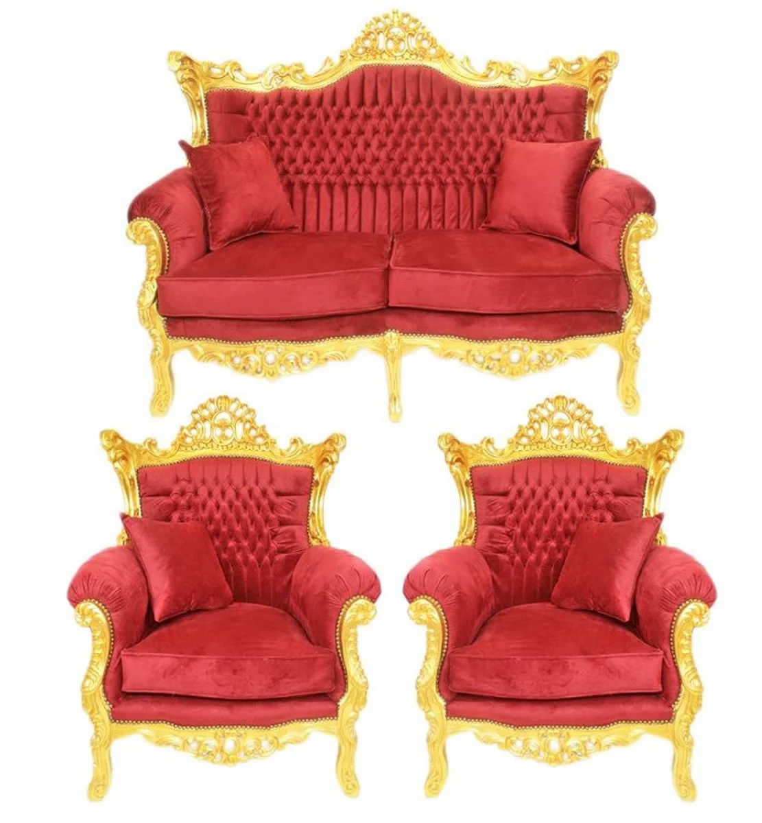 Juego de sal¨®n barroco Casa Padrino Tela de terciopelo de Burdeos / oro - Sof¨¢ 2 plazas + 2 sillones