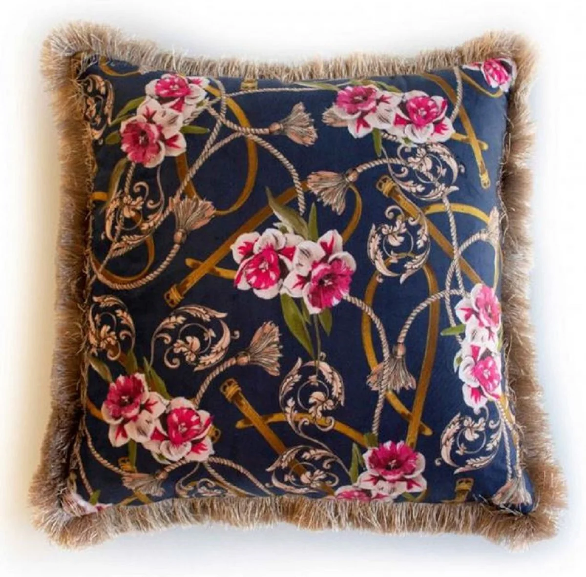 Casa Padrino almohada decorativa de lujo diseño flores barrocos azul / multicolor / marrón 45 x 45 cm - Almohada de terciopelo estampada con flecos - Accesorios Decorativos