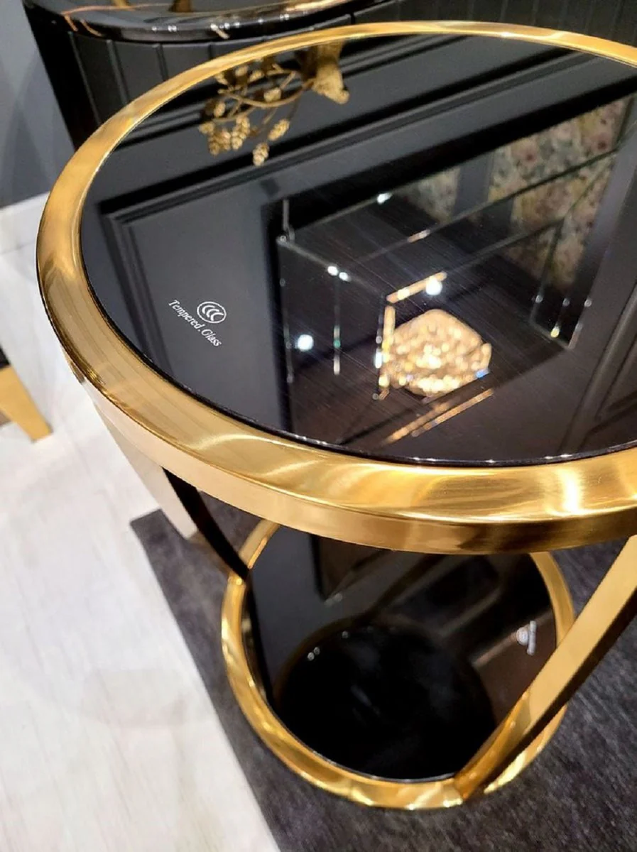 Casa Padrino mesa auxiliar de lujo oro / negro ? 35 x A. 50 cm - Mesa floral redonda de acero inoxidable con tapas de cristal tintado - Muebles de sal¨®n - Muebles de lujo