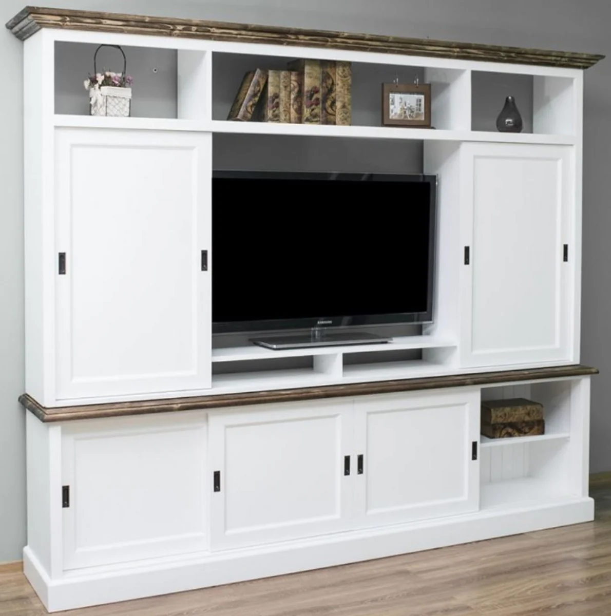 Casa Padrino gabinete televisi¨®n de estilo campestre con 6 puertas correderas blanco / marr¨®n 254 x 46 x A. 210 cm - Gabinete TV de Madera Maciza - Gabinete de Sal¨®n - Muebles de Sal¨®n de Estilo Campestre