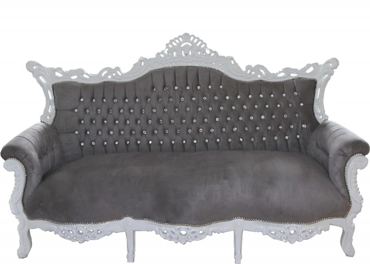 Casa Padrino Baroque 3 seater Master Grey / White with Bling Bling diamante - Living room furniture Coffee Lounge