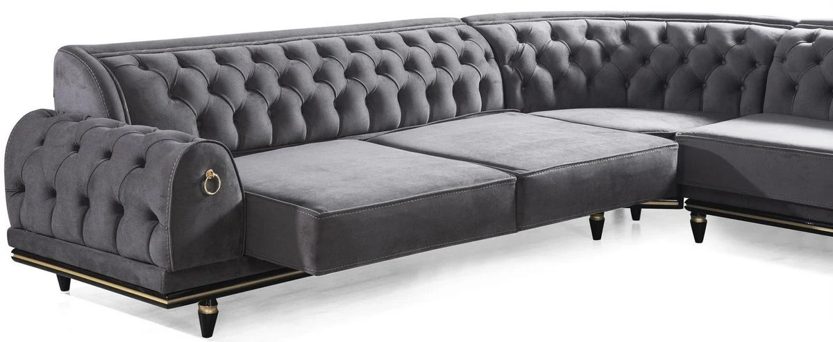 Casa Padrino sof¨¢ esquinero Art Deco Chesterfield de lujo gris / negro / oro 320 x 285 x A. 82 cm - Sof¨¢ de sal¨®n noble con cojines decorativas - Calidad de Lujo