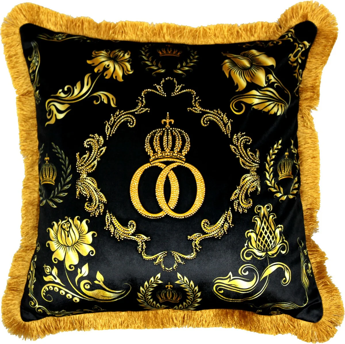 Harald Gl??ckler Luxury Deco Baroque Pillow Pomp??s by Casa Padrino Black / Gold Crown Deluxe with rhinestones