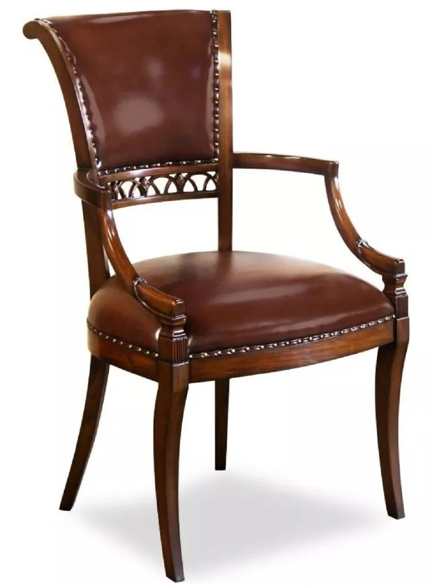 Casa Padrino silla de comedor de cuero Art Deco de lujo con reposabrazos marr¨®n oscuro - Silla de cocina de madera maciza con cuero genuino - Muebles de comedor de cuero - Muebles Art D¨¦co