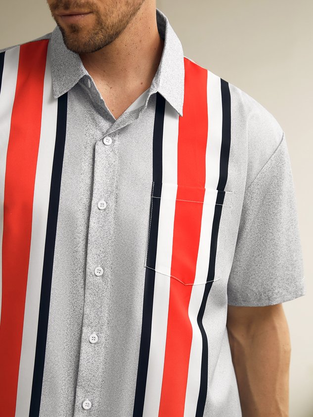 Striped Chest Pocket Short Sleeve Bowling Shirt