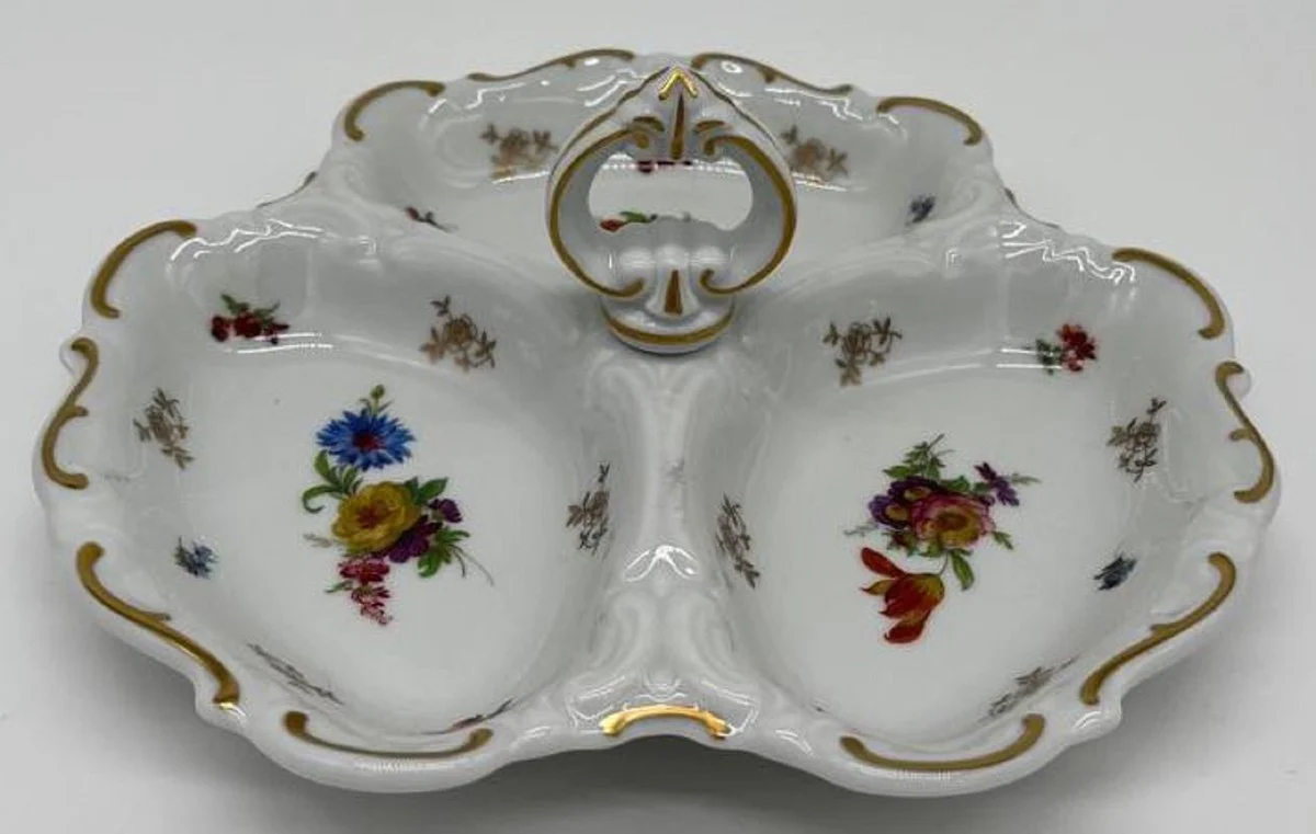 Casa Padrino Cuenco de Servicio de Porcelana Barroca de Lujo con Asa Blanco / Multicolor / Oro ? 25 cm - Cuenco para Frutos Secos y Pasteler¨ªa - Reichenbach Porzellan - Hecho en Alemania