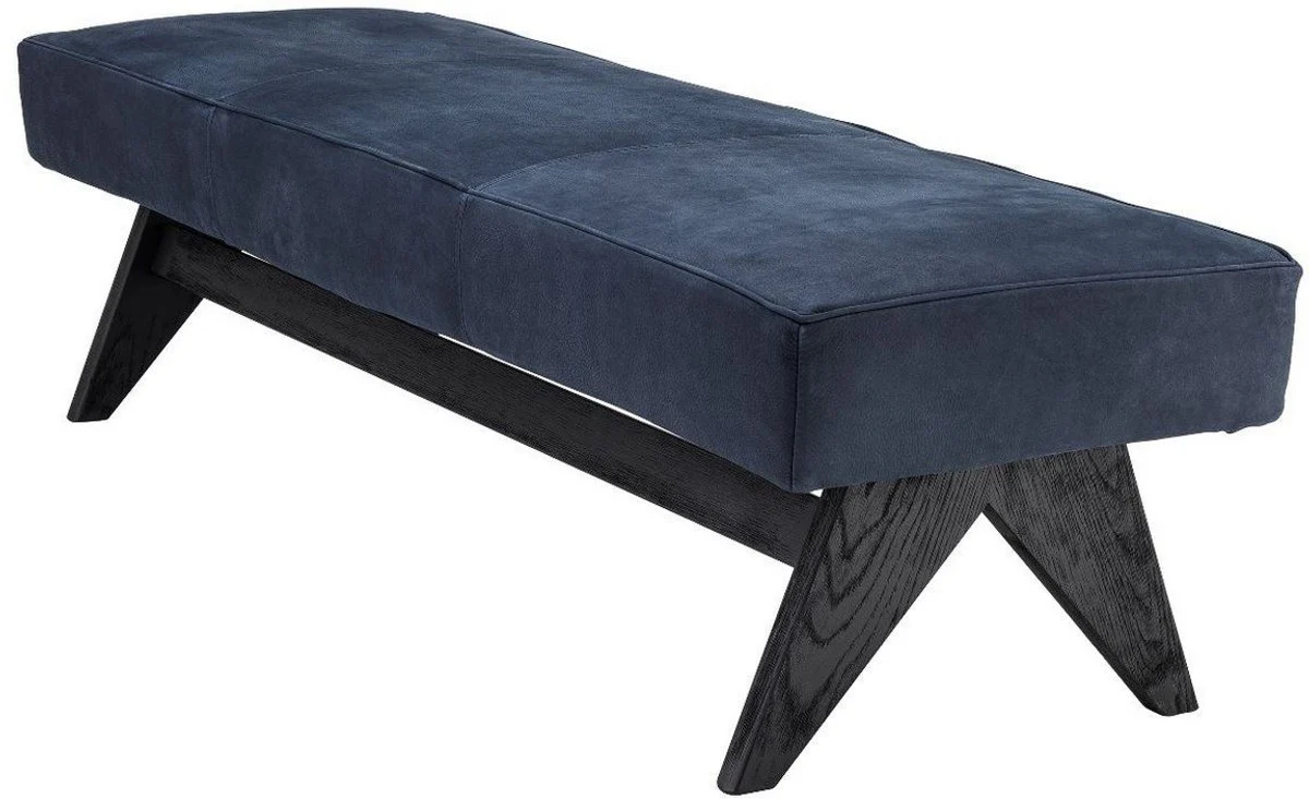 Casa Padrino banco de piel genuina de lujo azul / negro 164 x 54 x A. 44 cm - Banco de madera maciza tapizado con cuero de b¨²falo nobuck fino - Muebles de Lujo