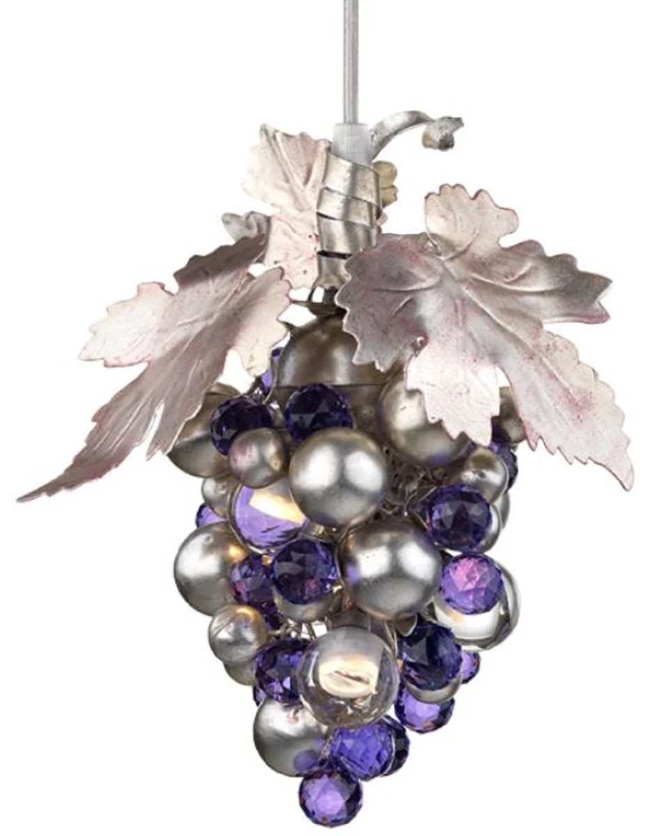 Casa Padrino lámpara de araña LED de lujo uvas plata / púrpura Ø 13 x A. 21 cm - Moderna lámpara de araña de metal con cristal de Murano de alta calidad y cristal de Swarovski - Colección de Lujo
