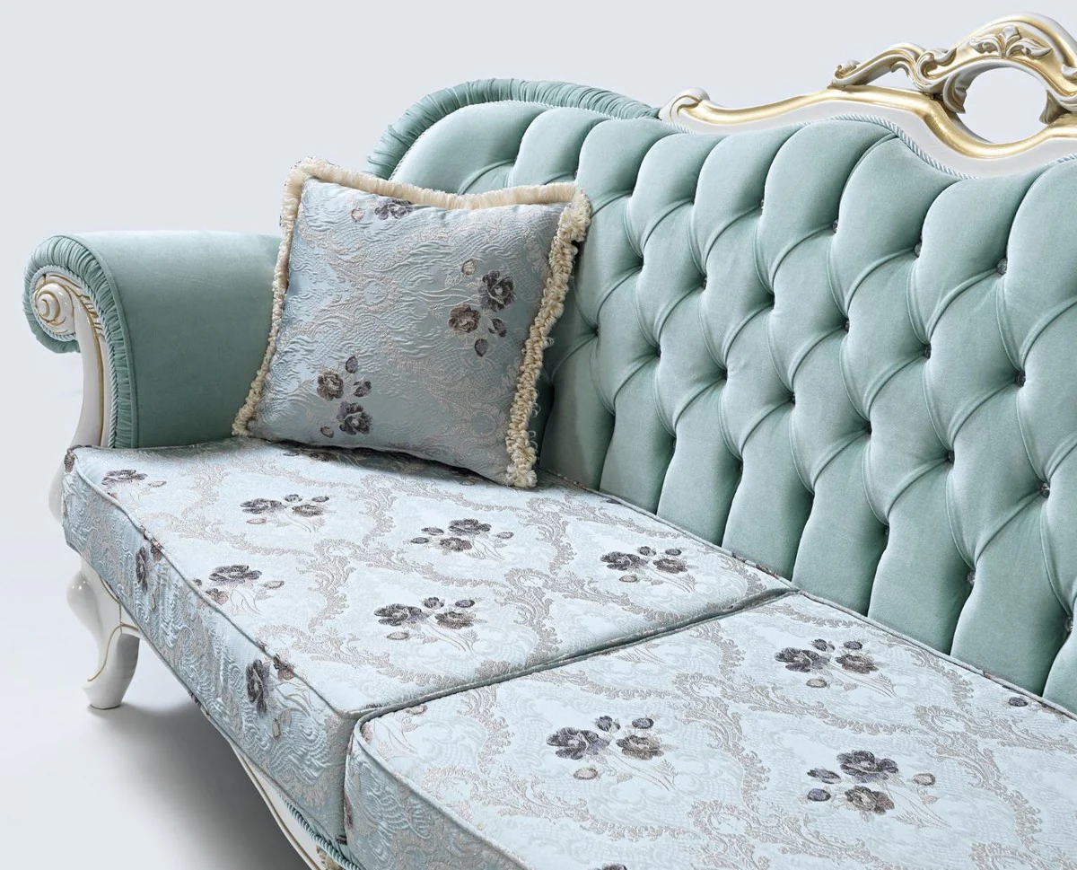 Casa Padrino sof¨¢ de sal¨®n barroco con pedrer¨ªa y estampado de flores verde claro / azul claro / blanco / oro 215 x 80 x A. 120 cm - Muebles Barrocos