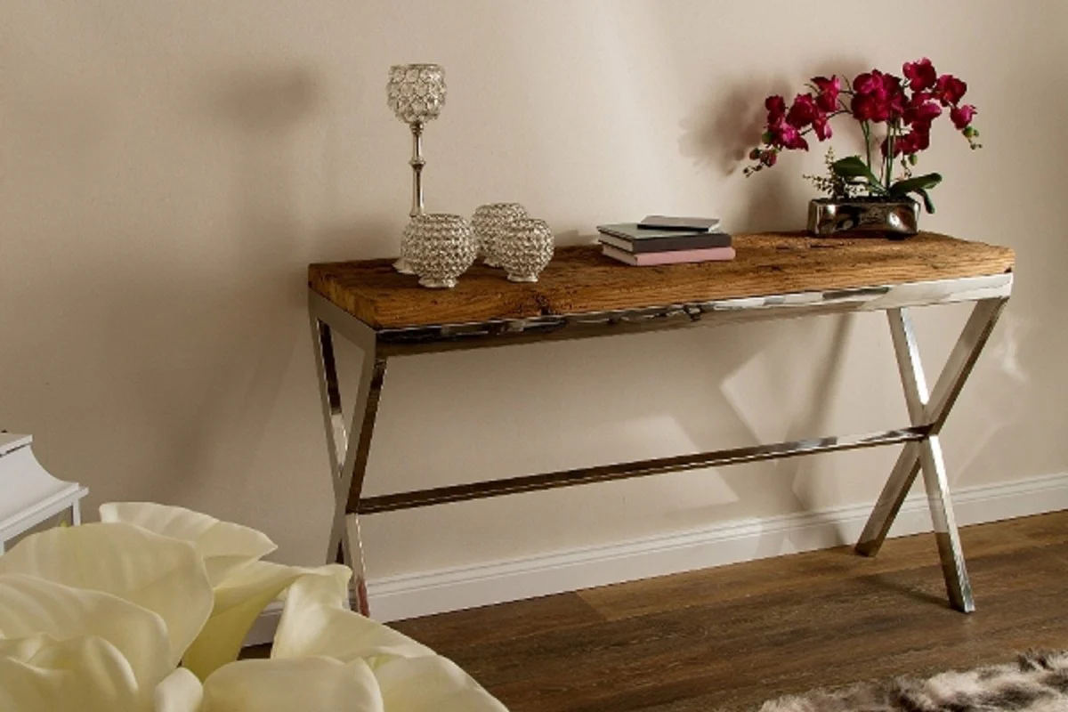 Casa Padrino consola de lujo marrón / plata 140 x 40 x H. 80 cm - Mesa Consola con Superficie Rústica y Tapa de Vidrio Adicional