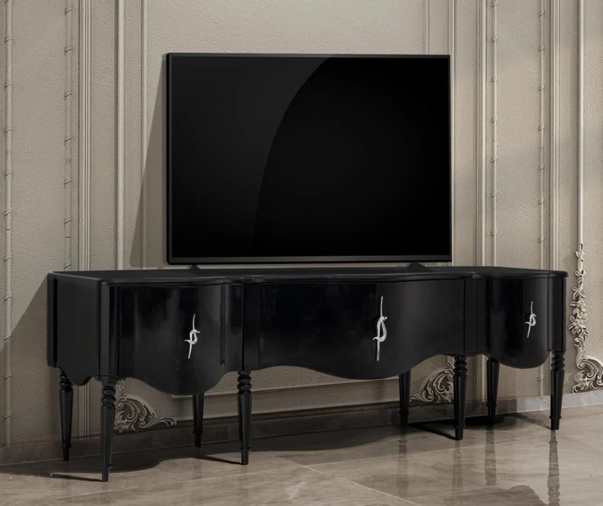 Casa Padrino gabinete de TV barroco de lujo negro / plata 230 cm - Muebles de salón barrocos