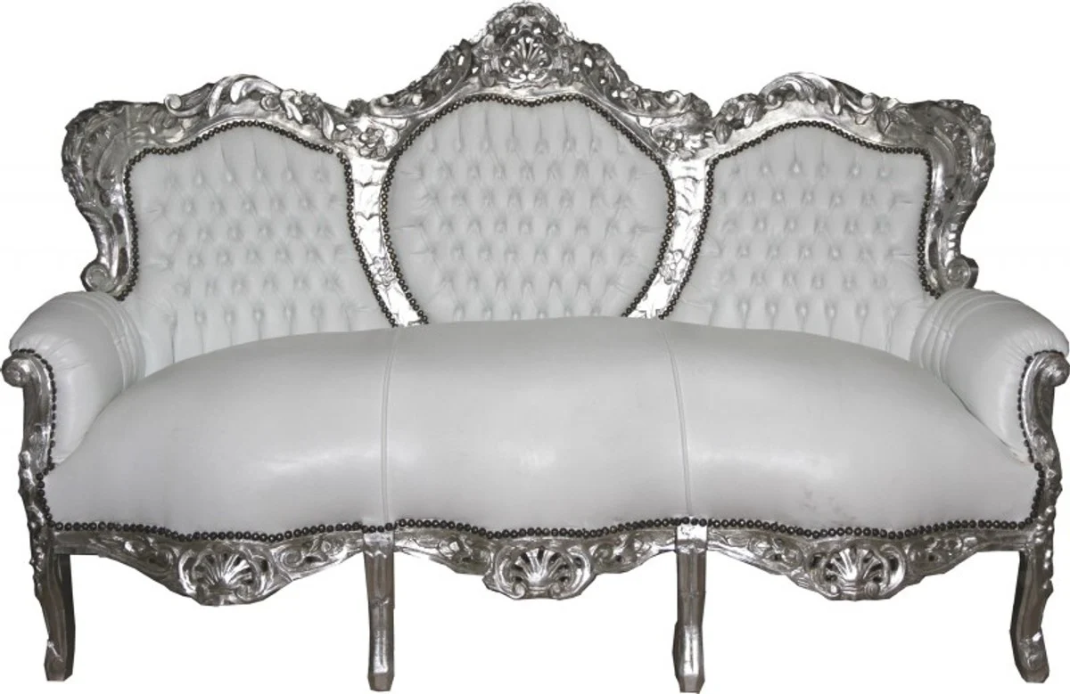 Casa Padrino Baroque Sofa King White / Silver Leather Look