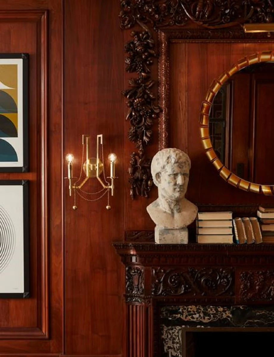 Casa Padrino Lámpara de Pared Doble Art Nouveau de Lujo Latón Antiguo 32,4 x 17,2 x H. 46,4 cm - Lámpara de Pared con Cuentas de Metal