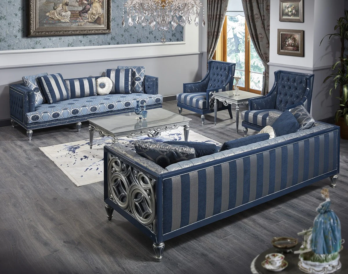 Casa Padrino Sof¨¢ Chesterfield Barroco de Lujo Azul / Plata Rayas 250 x 92 x H. 85 cm - Muebles de Sala en Estilo Barroco
