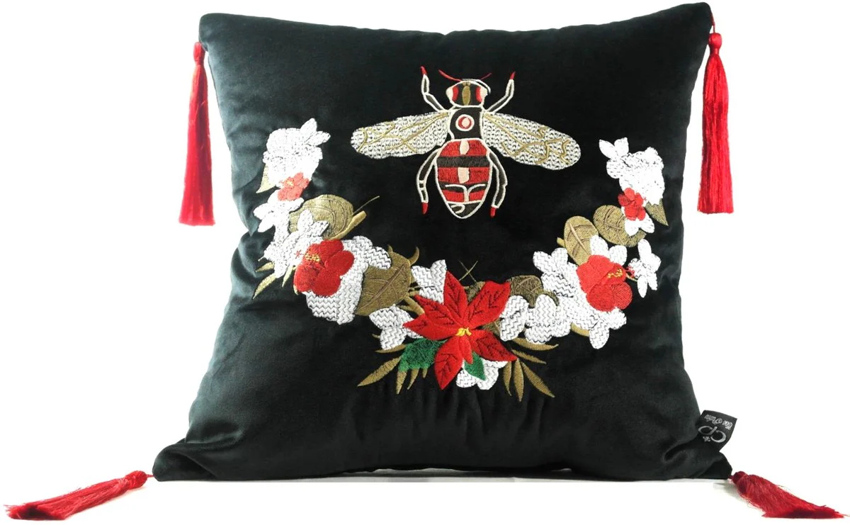 Casa Padrino almohada de lujo con borlas abeja negro / multicolor 45 x 45 cm - Tejido de Terciopelo Más Fino - Accesorios de Decoración de Lujo