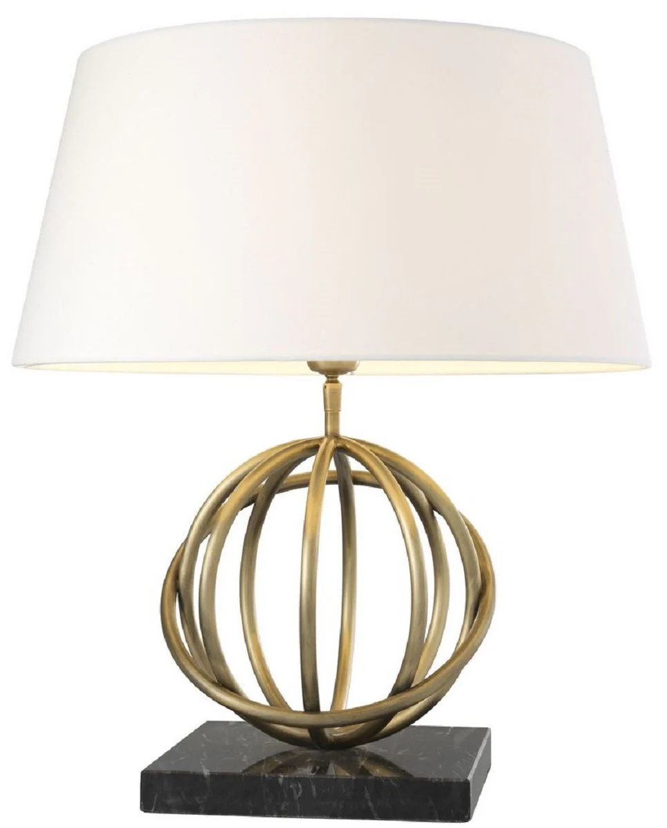 Casa Padrino lámpara de mesa de lujo latón antiguo / negro / blanco Ø 50 x H. 57 cm - Lámpara de Mesa de Latón con Base de Mármol y Pantalla Redonda